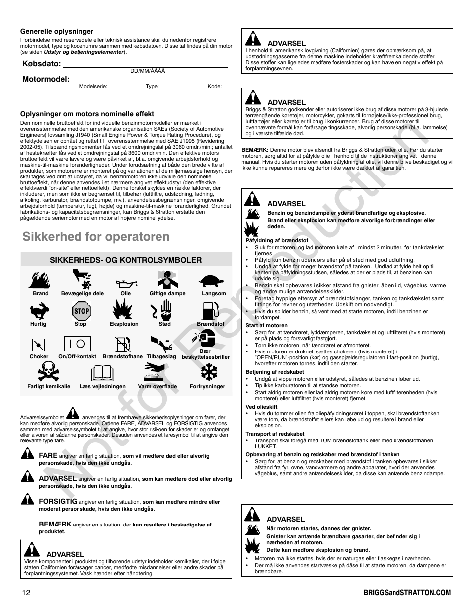 Not for reproduction, Sikkerhed for operatoren, Købsdato: motormodel | Sikkerheds- og kontrolsymboler | Briggs & Stratton 440000 User Manual | Page 12 / 92