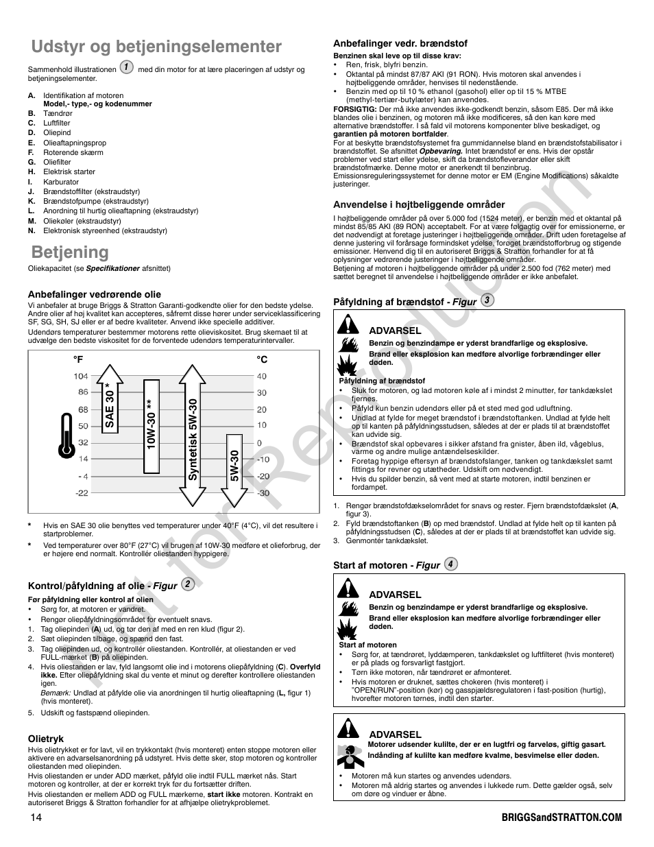 Not for reproduction, Udstyr og betjeningselementer, Betjening | Briggs & Stratton 440000 User Manual | Page 14 / 92