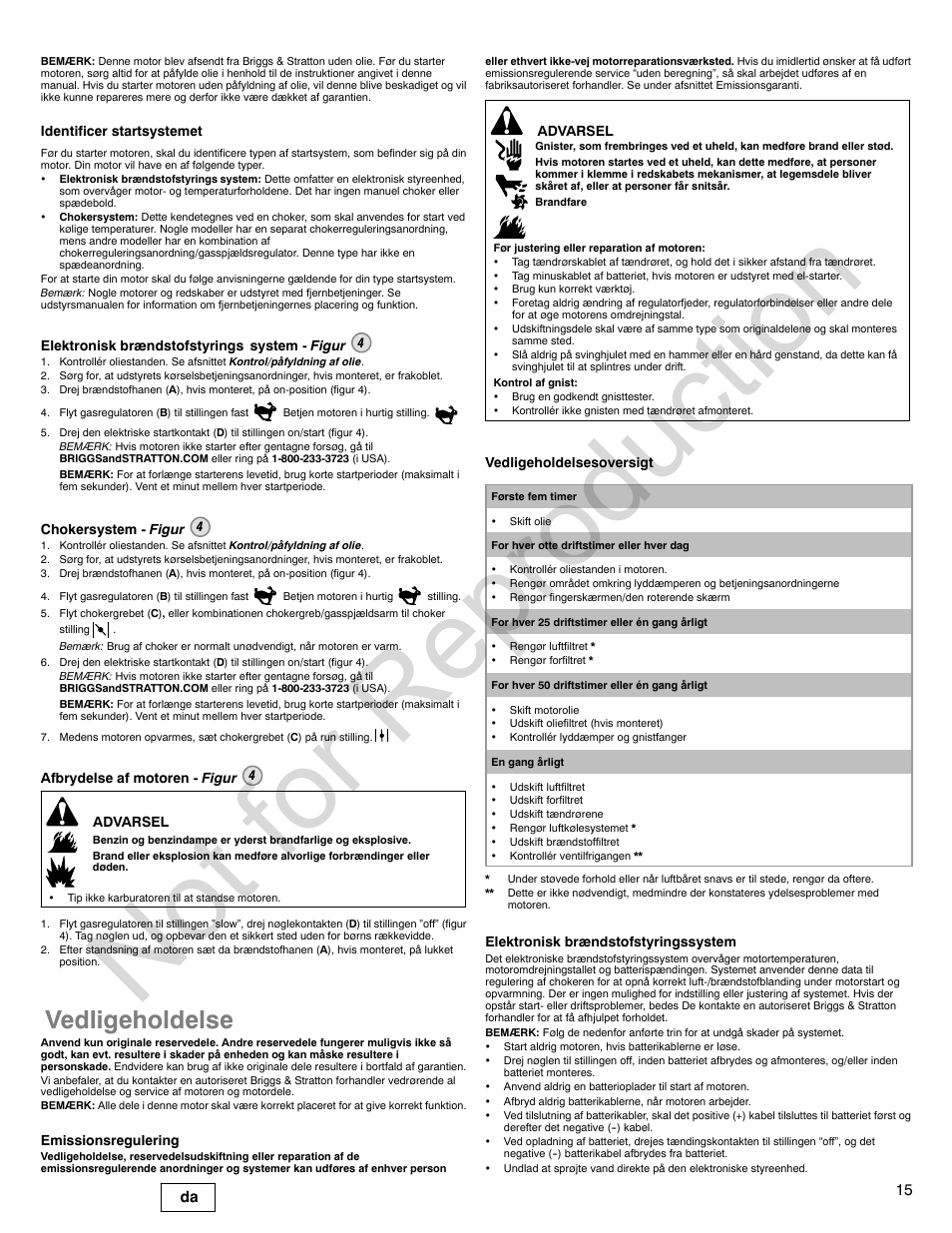 Not for reproduction, Vedligeholdelse, 15 da | Briggs & Stratton 440000 User Manual | Page 15 / 92
