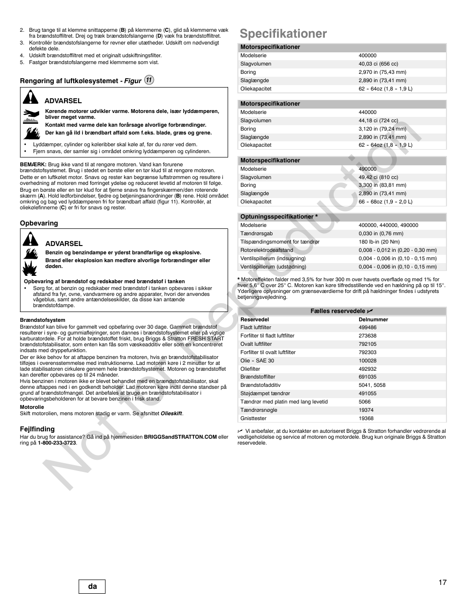 Not for reproduction, Specifikationer, 17 da | Briggs & Stratton 440000 User Manual | Page 17 / 92