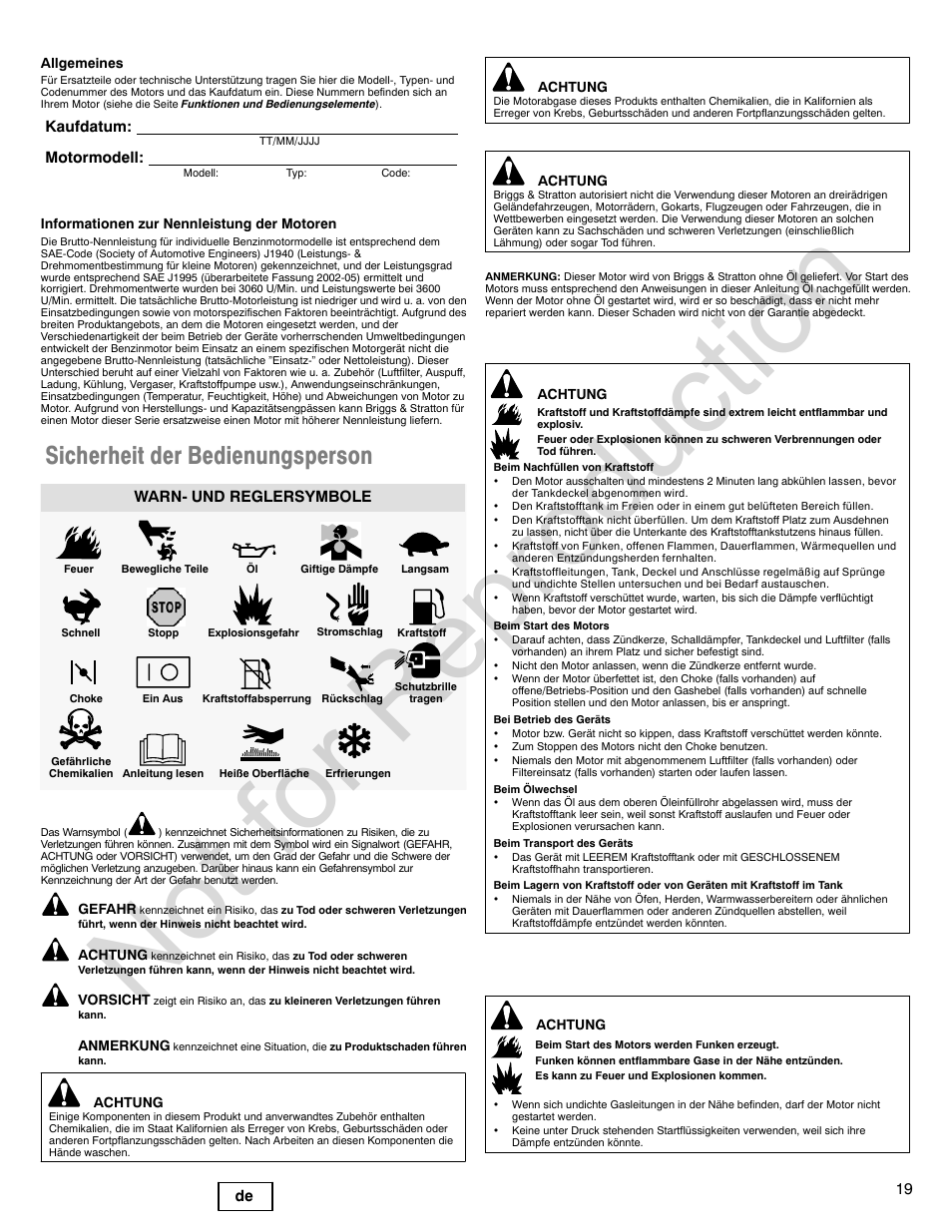 Not for reproduction, Sicherheit der bedienungsperson, 19 de | Kaufdatum: motormodell, Warn- und reglersymbole | Briggs & Stratton 440000 User Manual | Page 19 / 92