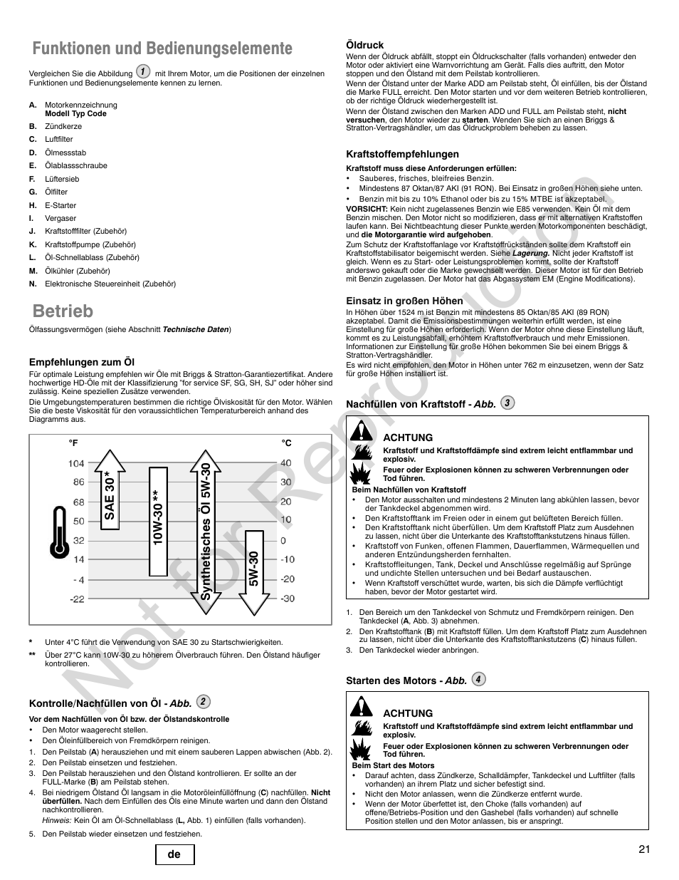 Not for reproduction, Funktionen und bedienungselemente, Betrieb | Briggs & Stratton 440000 User Manual | Page 21 / 92