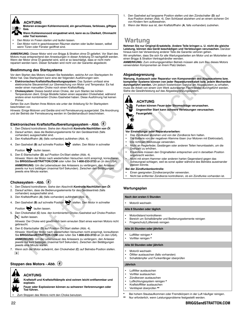 Not for reproduction, Wartung | Briggs & Stratton 440000 User Manual | Page 22 / 92