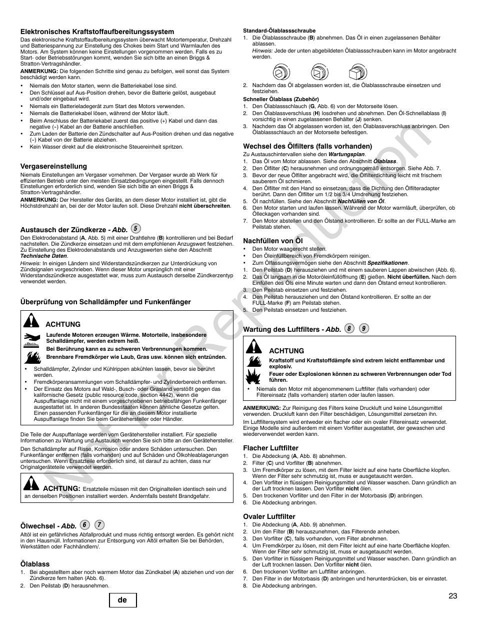 Not for reproduction, 23 de | Briggs & Stratton 440000 User Manual | Page 23 / 92