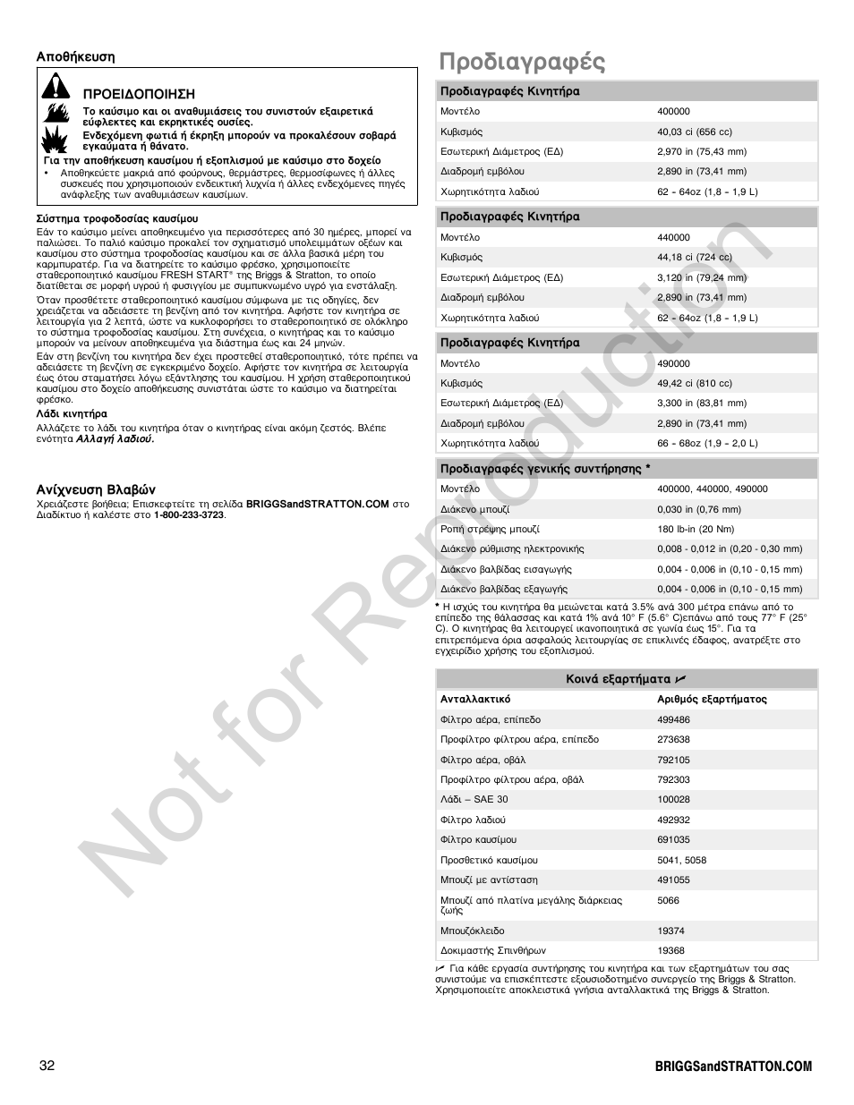 Not for reproduction, Рспдйбгсбцэт | Briggs & Stratton 440000 User Manual | Page 32 / 92