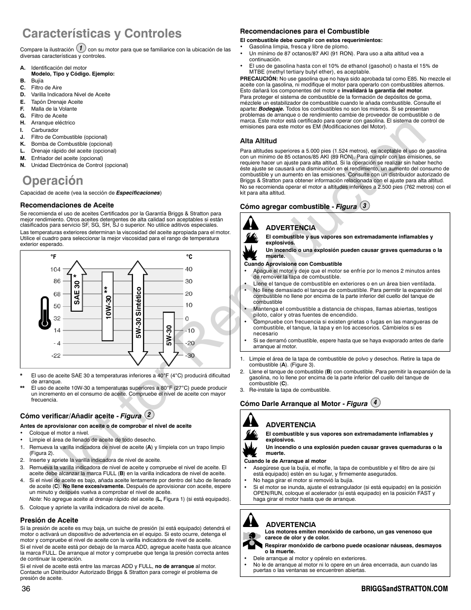 Not for reproduction, Características y controles, Operación | Briggs & Stratton 440000 User Manual | Page 36 / 92