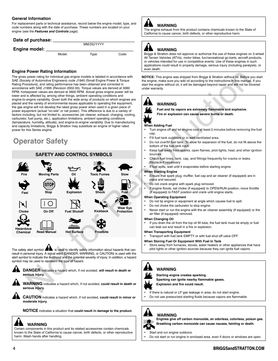Not for reproduction, Operator safety, Date of purchase: engine model | Safety and control symbols | Briggs & Stratton 440000 User Manual | Page 4 / 92