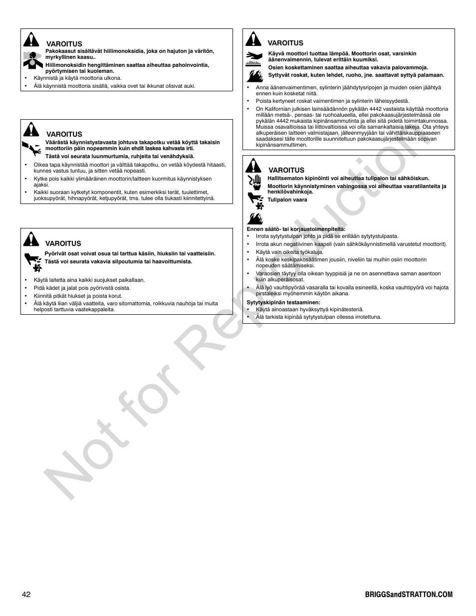 Not for reproduction | Briggs & Stratton 440000 User Manual | Page 42 / 92