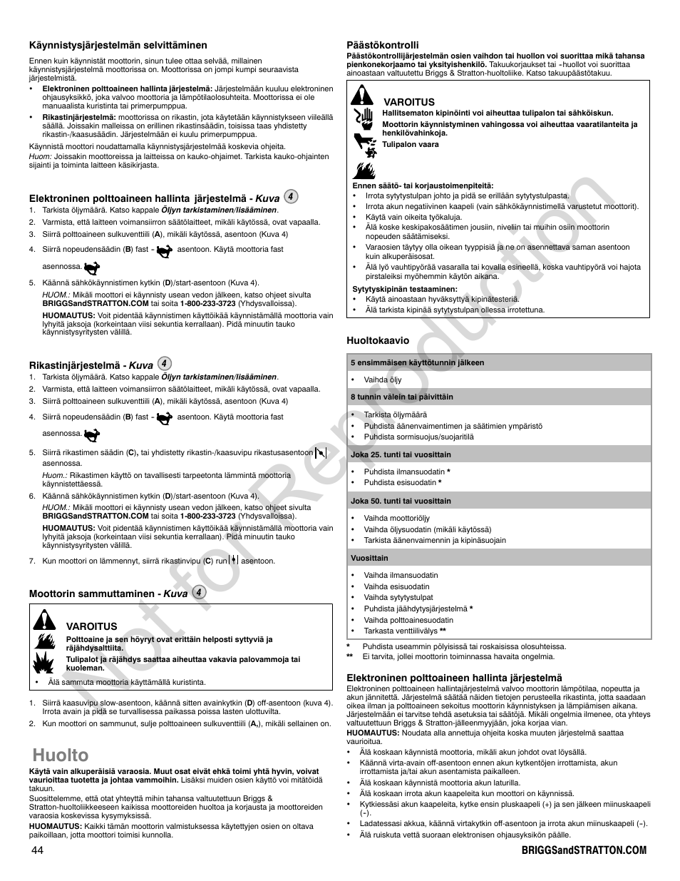 Not for reproduction, Huolto | Briggs & Stratton 440000 User Manual | Page 44 / 92