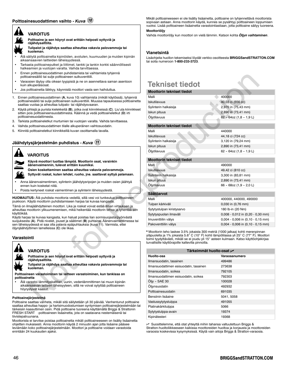 Not for reproduction, Tekniset tiedot | Briggs & Stratton 440000 User Manual | Page 46 / 92