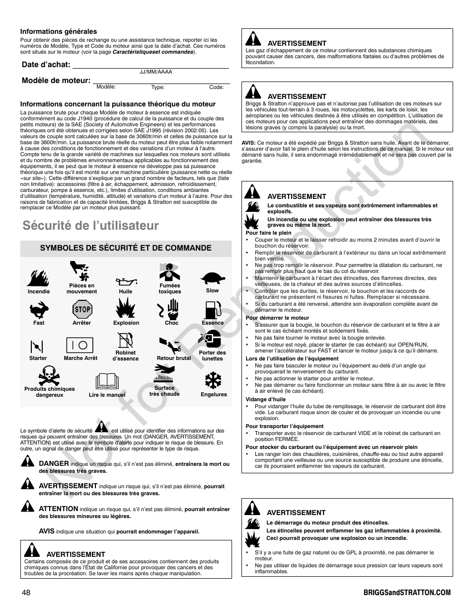 Not for reproduction, Sécurité de l’utilisateur, Date d’achat: modèle de moteur | Symboles de sécurité et de commande | Briggs & Stratton 440000 User Manual | Page 48 / 92