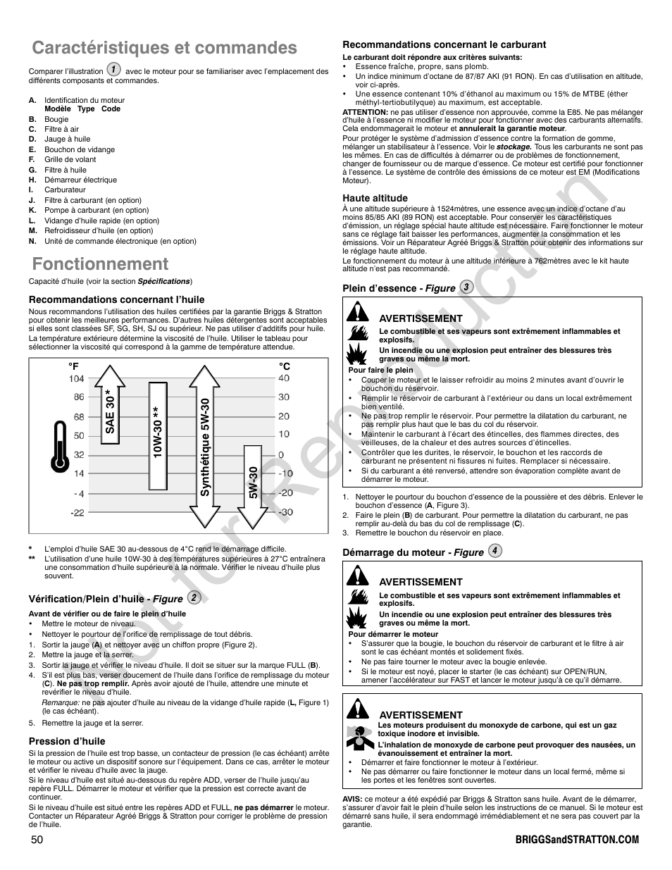 Not for reproduction, Caractéristiques et commandes, Fonctionnement | Briggs & Stratton 440000 User Manual | Page 50 / 92