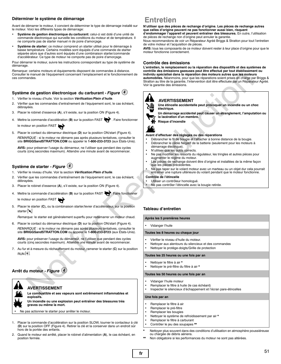 Not for reproduction, Entretien, 51 fr | Briggs & Stratton 440000 User Manual | Page 51 / 92