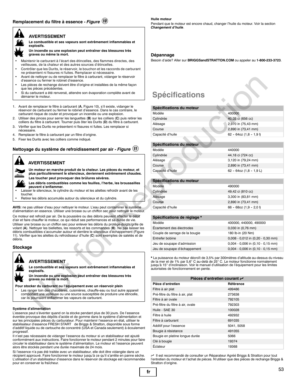 Not for reproduction, Spécifications, 53 fr | Briggs & Stratton 440000 User Manual | Page 53 / 92