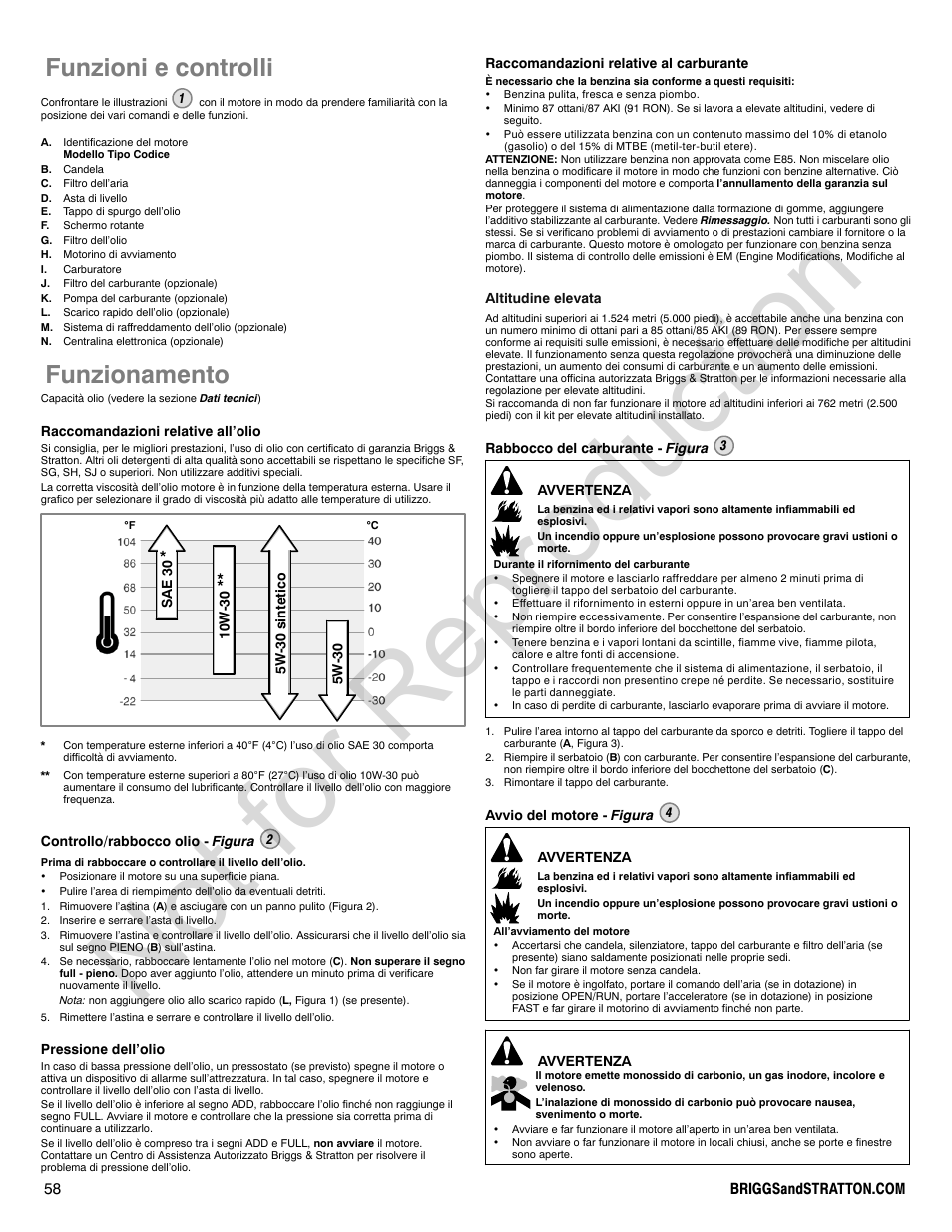 Not for reproduction, Funzioni e controlli, Funzionamento | Briggs & Stratton 440000 User Manual | Page 58 / 92