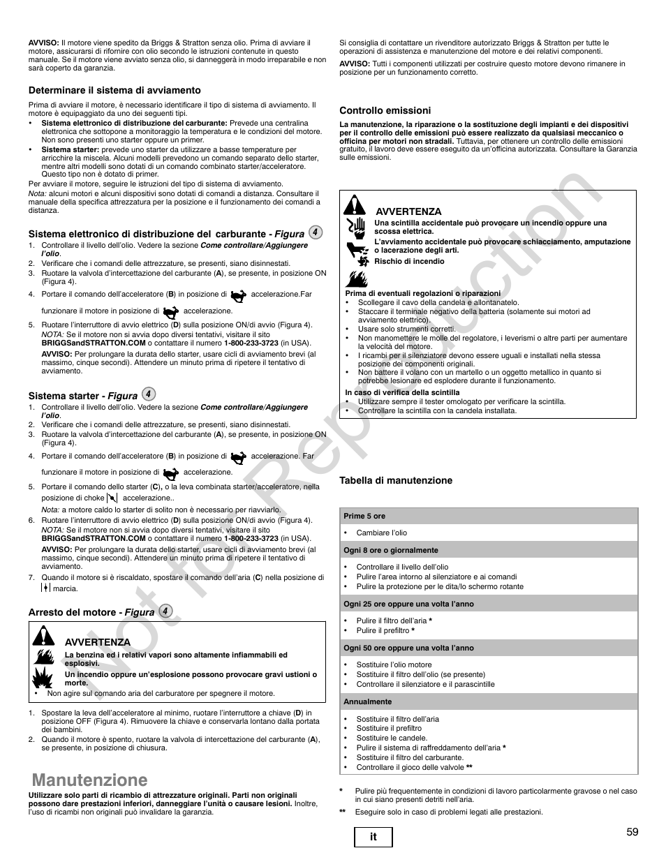 Not for reproduction, Manutenzione, 59 it | Briggs & Stratton 440000 User Manual | Page 59 / 92