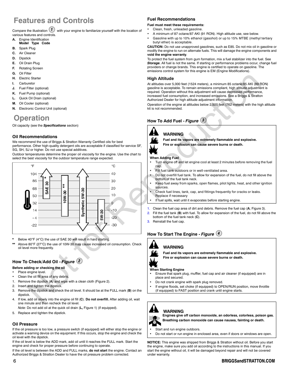 Not for reproduction, Features and controls, Operation | Briggs & Stratton 440000 User Manual | Page 6 / 92