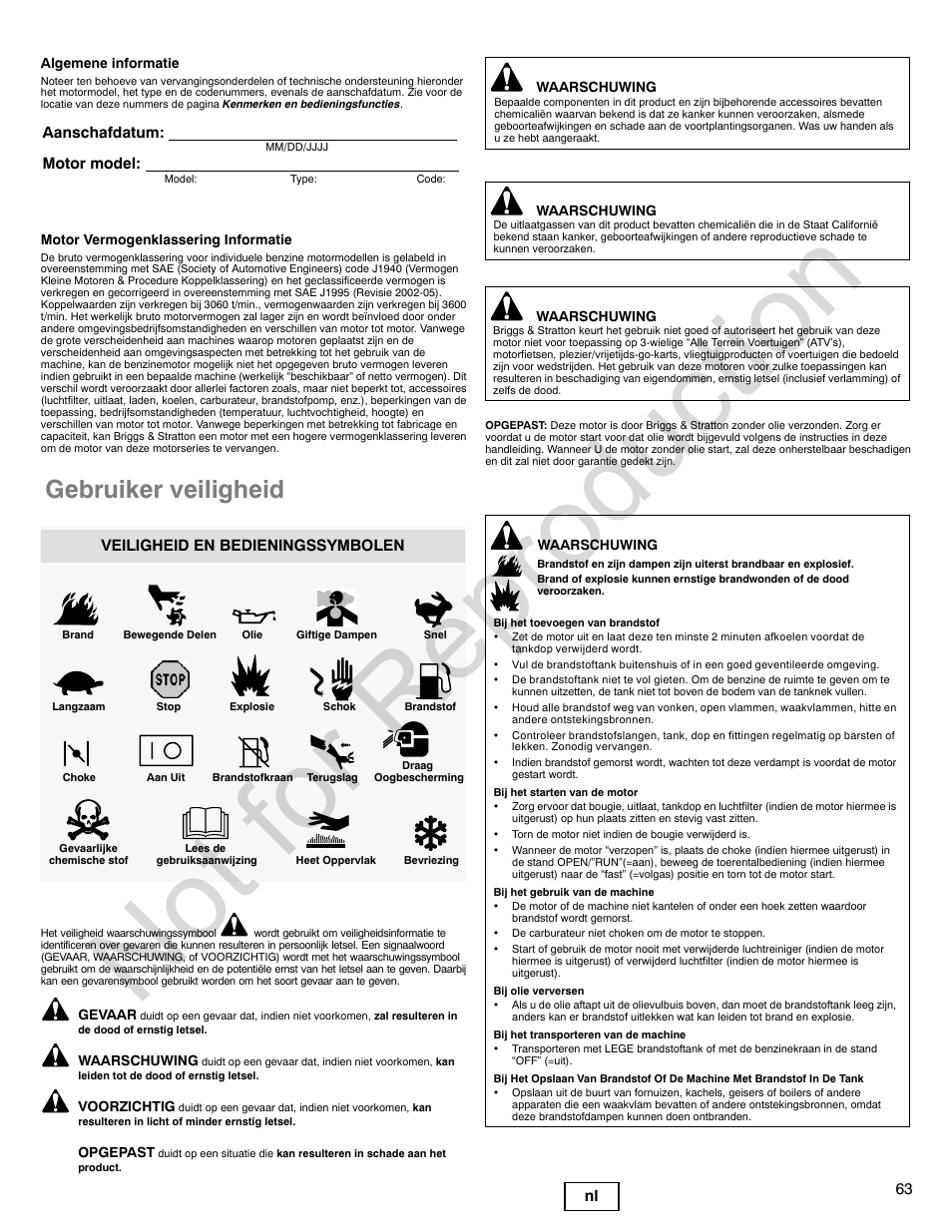 Not for reproduction, Gebruiker veiligheid, 63 nl | Aanschafdatum: motor model, Veiligheid en bedieningssymbolen | Briggs & Stratton 440000 User Manual | Page 63 / 92