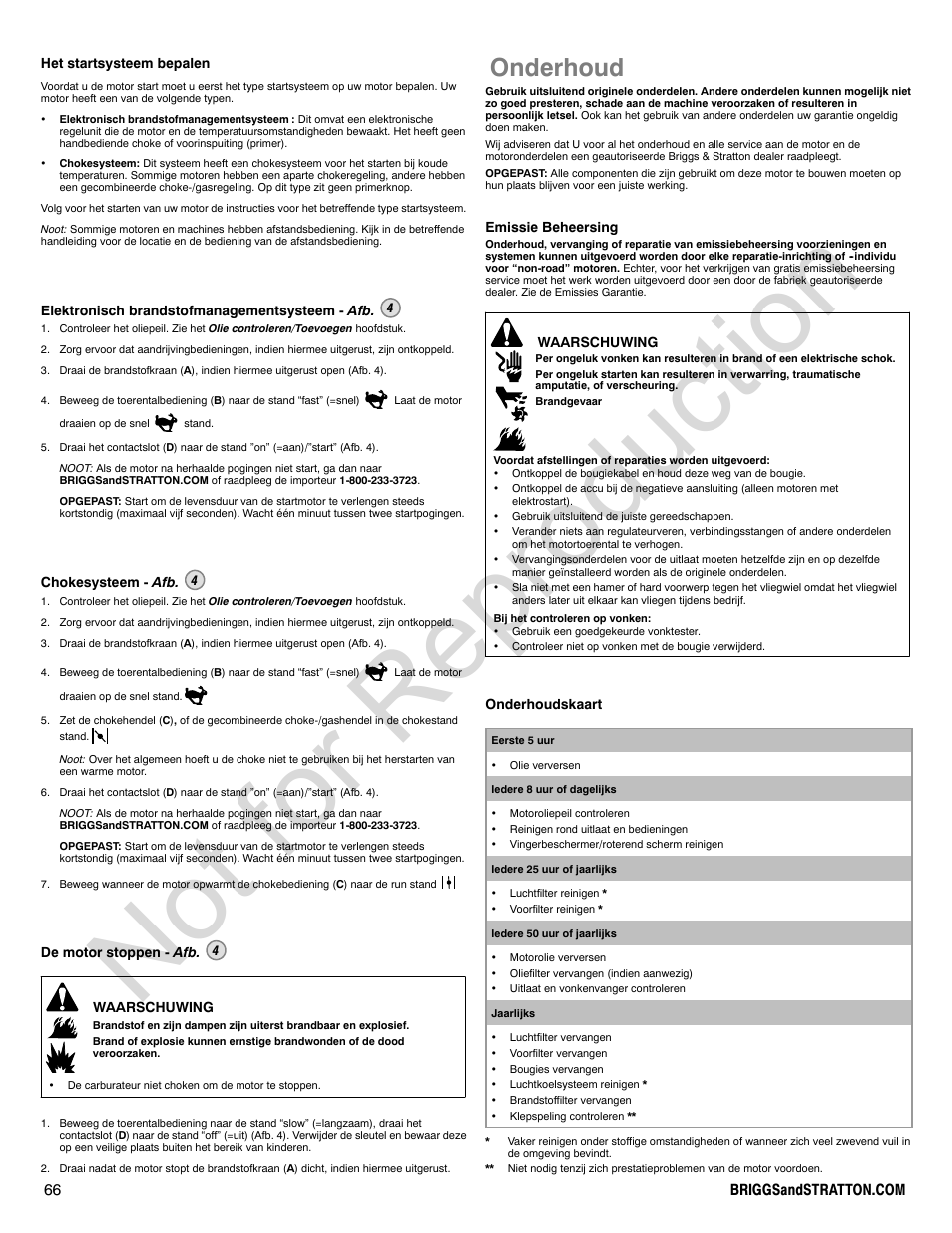 Not for reproduction, Onderhoud | Briggs & Stratton 440000 User Manual | Page 66 / 92