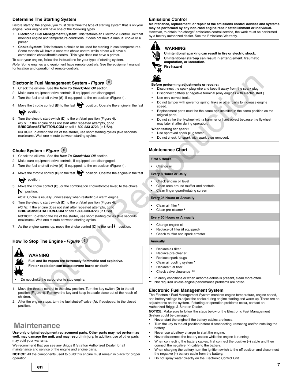 Not for reproduction, Maintenance | Briggs & Stratton 440000 User Manual | Page 7 / 92