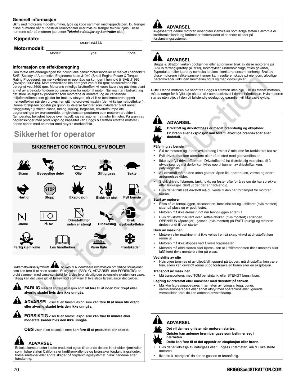 Not for reproduction, Sikkerhet for operator, Kjøpedato: motormodell | Sikkerhet og kontroll symboler | Briggs & Stratton 440000 User Manual | Page 70 / 92