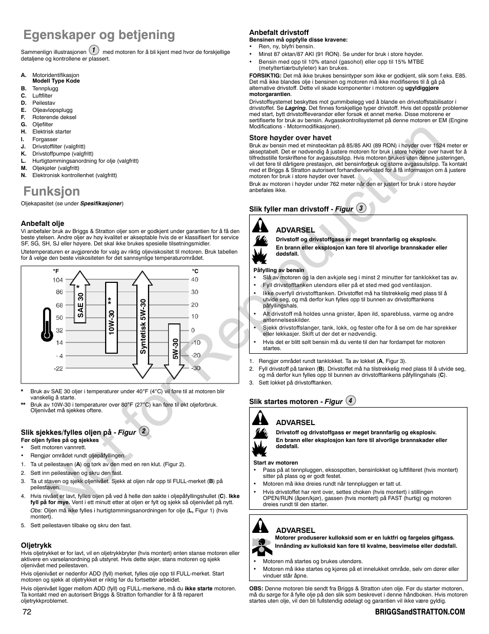 Not for reproduction, Egenskaper og betjening, Funksjon | Briggs & Stratton 440000 User Manual | Page 72 / 92