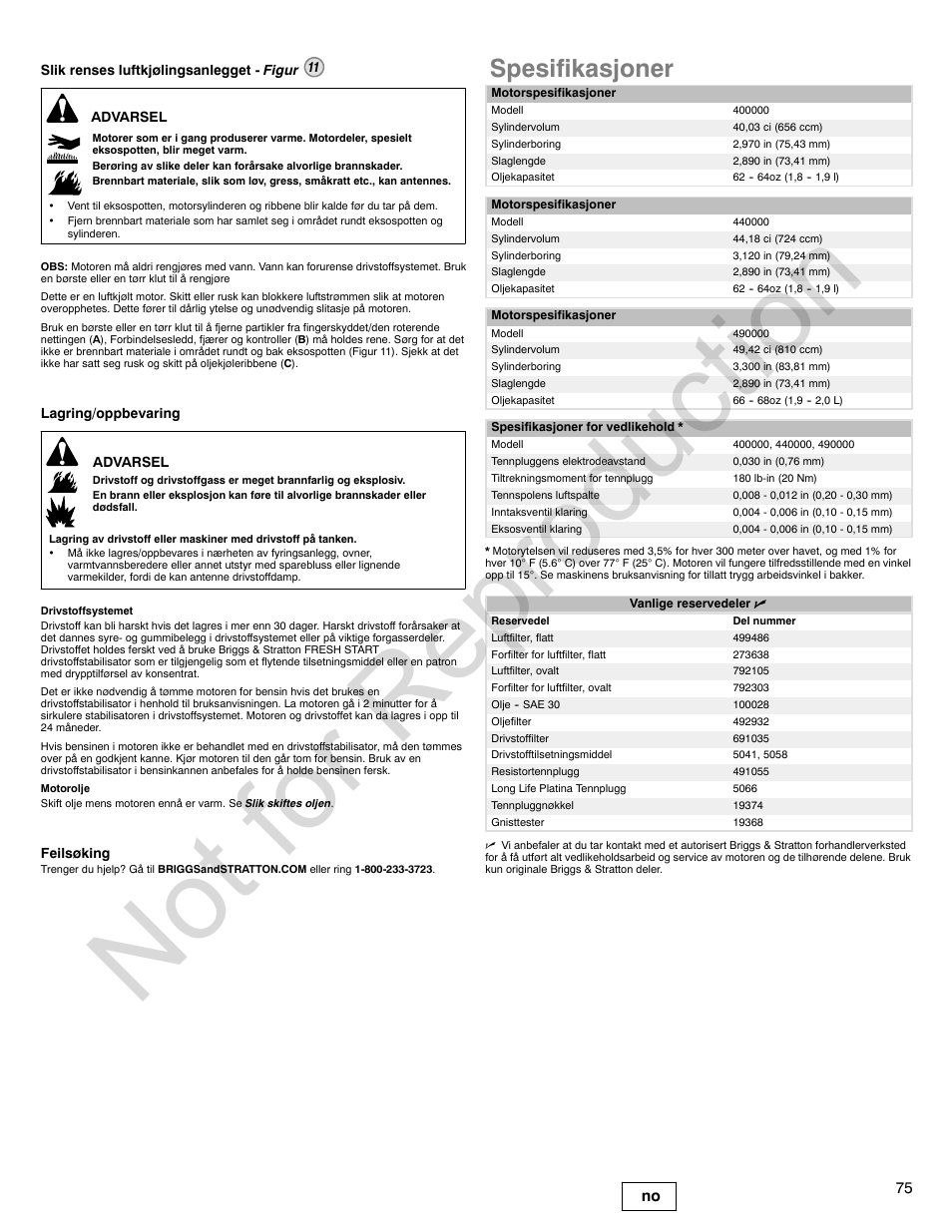 Not for reproduction, Spesifikasjoner, 75 no | Briggs & Stratton 440000 User Manual | Page 75 / 92