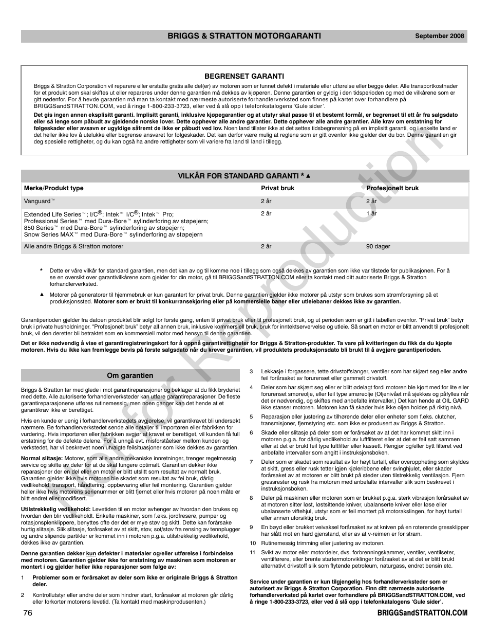 Not for reproduction | Briggs & Stratton 440000 User Manual | Page 76 / 92