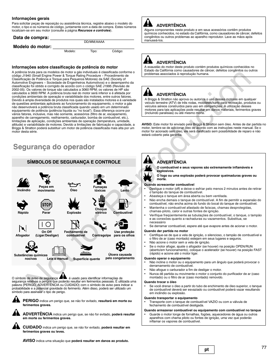 Not for reproduction, Segurança do operador, 77 pt | Data de compra: modelo do motor, Símbolos de segurança e controle | Briggs & Stratton 440000 User Manual | Page 77 / 92