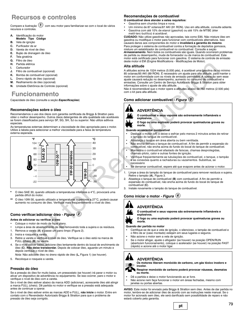 Not for reproduction, Recursos e controles, Funcionamento | 79 pt | Briggs & Stratton 440000 User Manual | Page 79 / 92