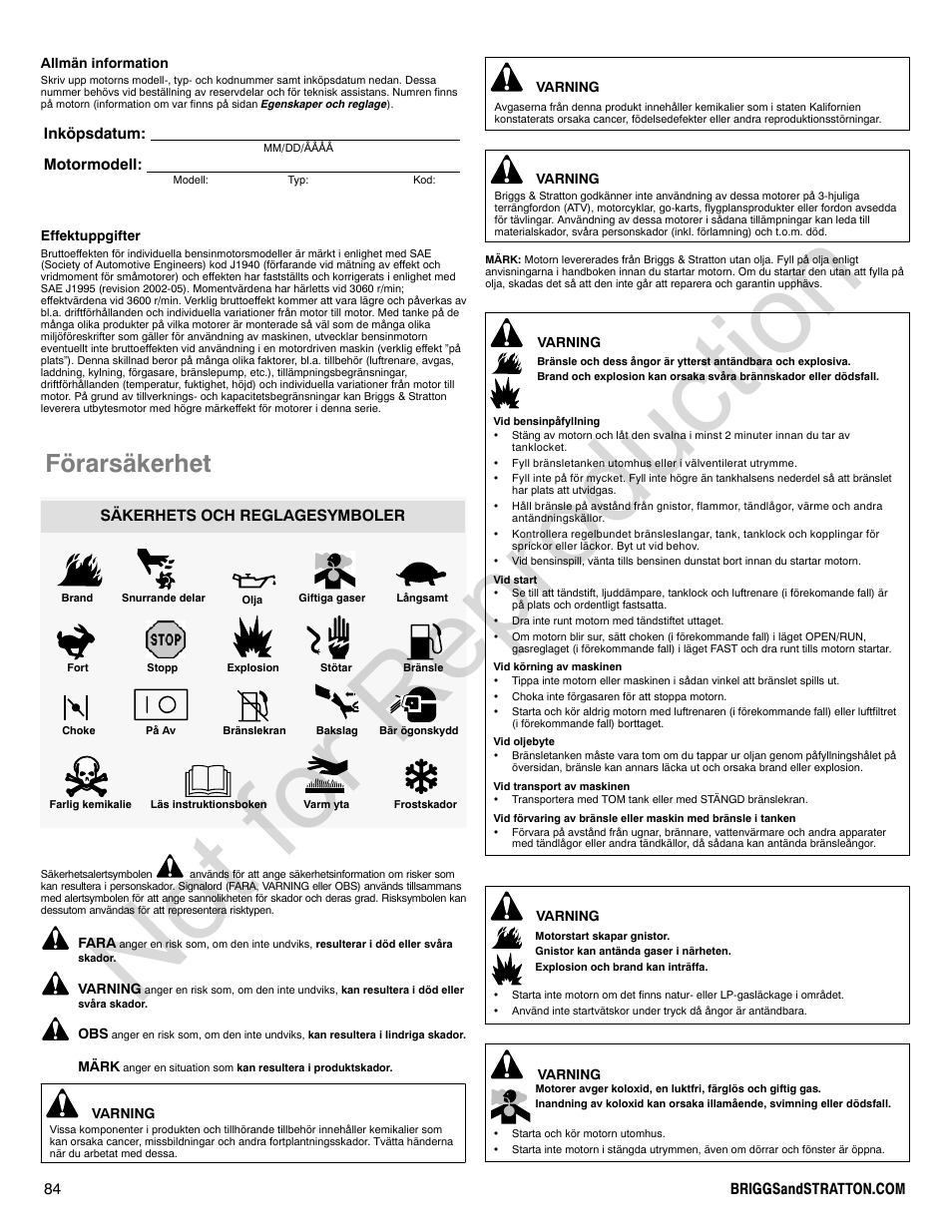 Not for reproduction, Förarsäkerhet, Inköpsdatum: motormodell | Säkerhets och reglagesymboler | Briggs & Stratton 440000 User Manual | Page 84 / 92