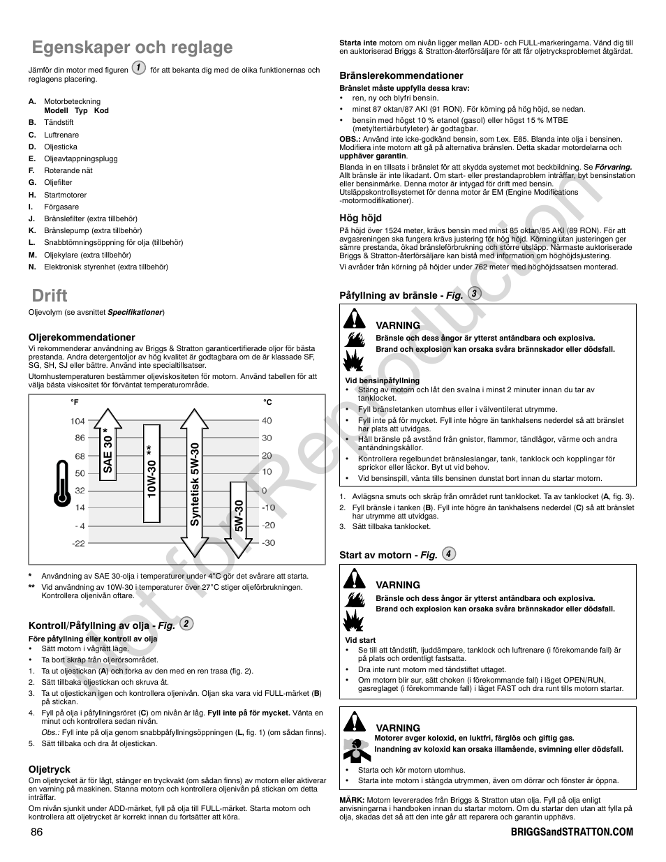 Not for reproduction, Egenskaper och reglage, Drift | Briggs & Stratton 440000 User Manual | Page 86 / 92