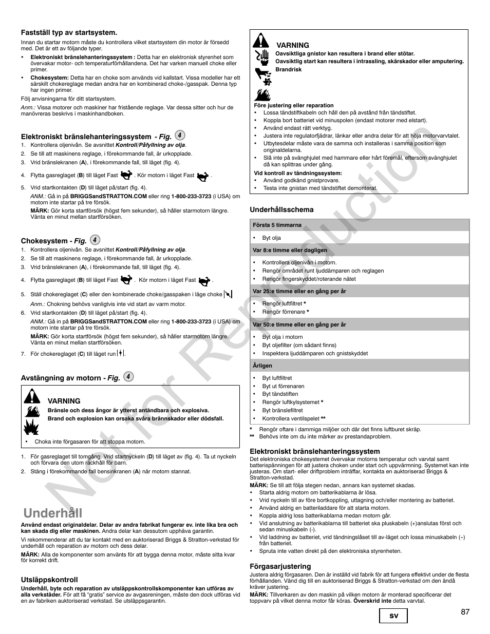 Not for reproduction, Underhåll, 87 sv | Briggs & Stratton 440000 User Manual | Page 87 / 92