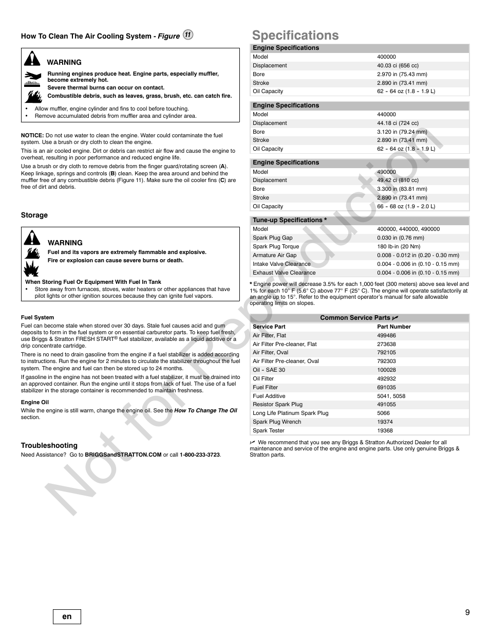 Not for reproduction, Specifications | Briggs & Stratton 440000 User Manual | Page 9 / 92