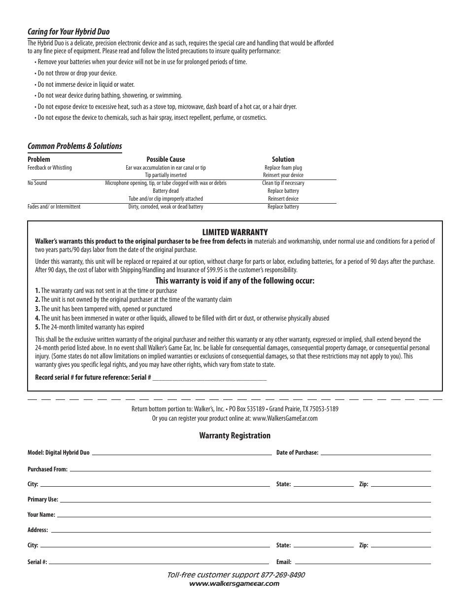 Limited warranty, Warranty registration, Caring for your hybrid duo | Common problems & solutions | Walker's Game Ear Hybrid Duo User Manual | Page 2 / 2