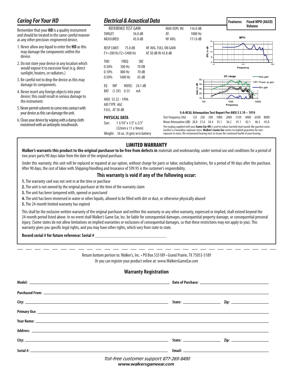 Electrical & acoustical data, Caring for your hd, Limited warranty | Warranty registration | Walker's Game Ear Walker's HD User Manual | Page 2 / 2