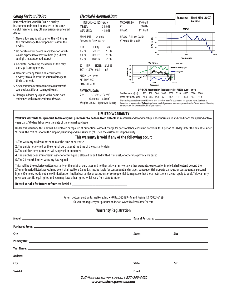 Limited warranty, Warranty registration, Electrical & acoustical data | Caring for your hd pro | Walker's Game Ear Walker's HD Pro User Manual | Page 2 / 2