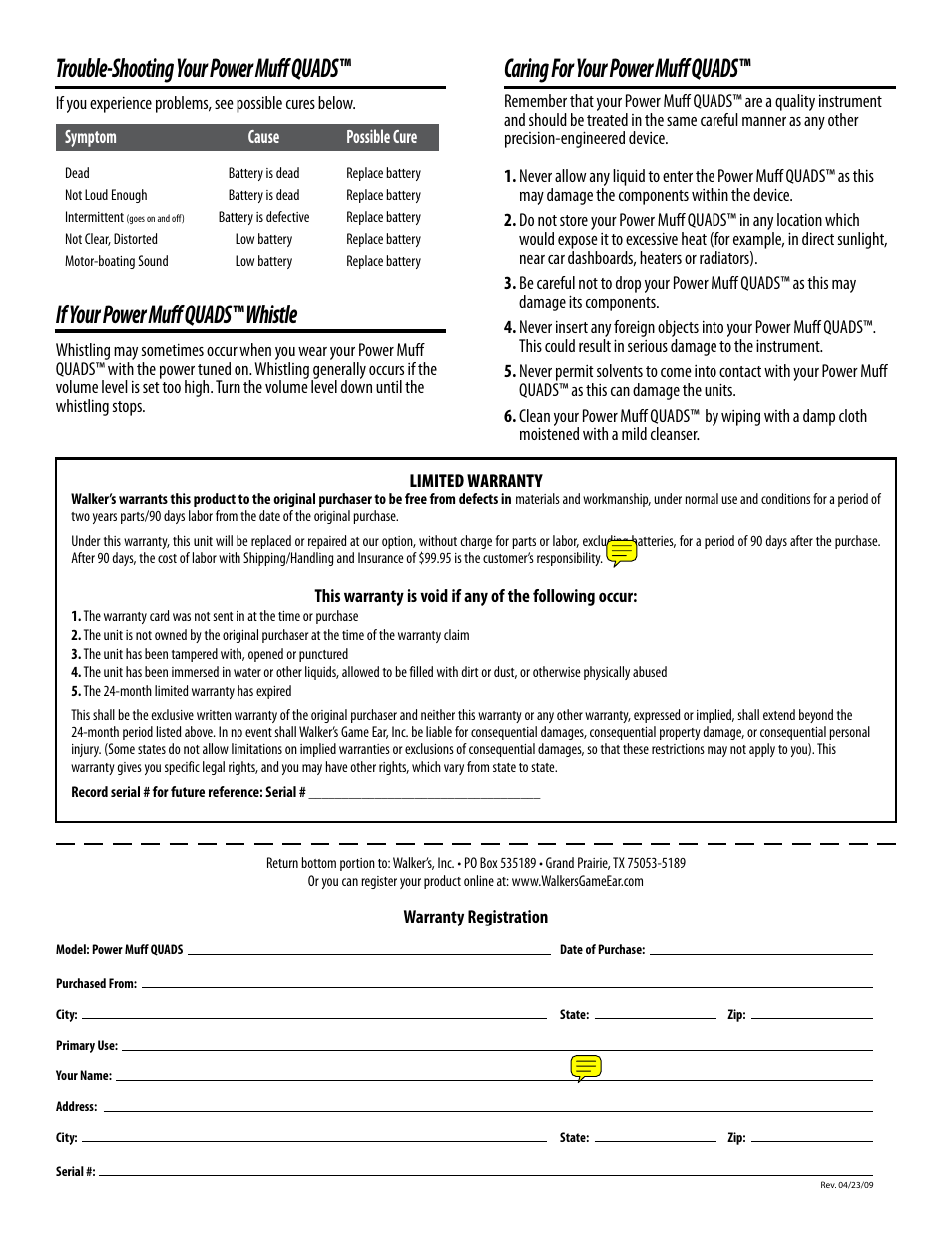 If your power muff quads™ whistle | Walker's Game Ear Power Muff Quads User Manual | Page 2 / 2