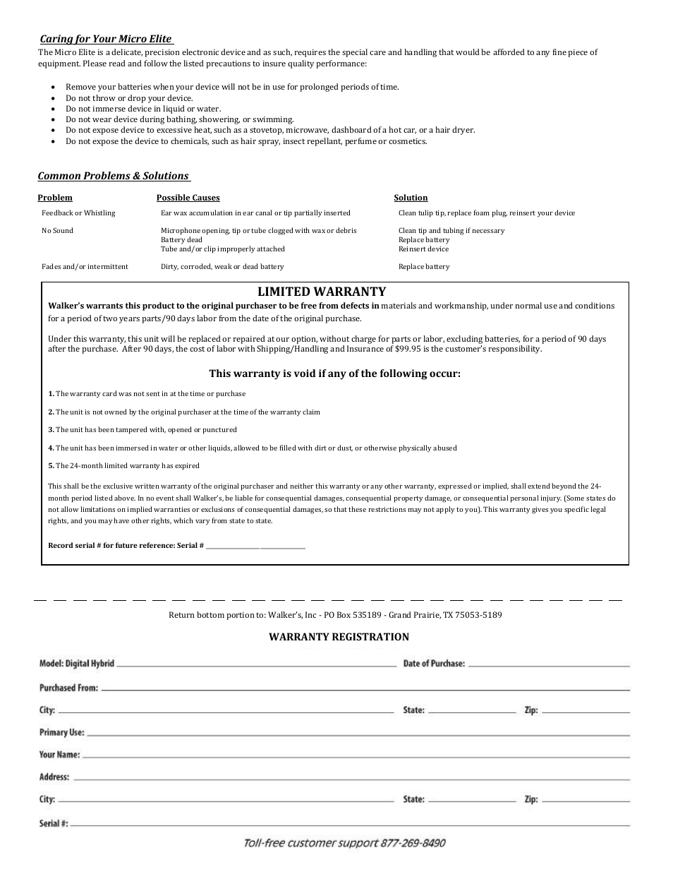 Limited warranty, Caring for your micro elite, Common problems & solutions | Warranty registration | Walker's Game Ear Micro Elite - Clear (WGE-MICE2CLR) User Manual | Page 2 / 2