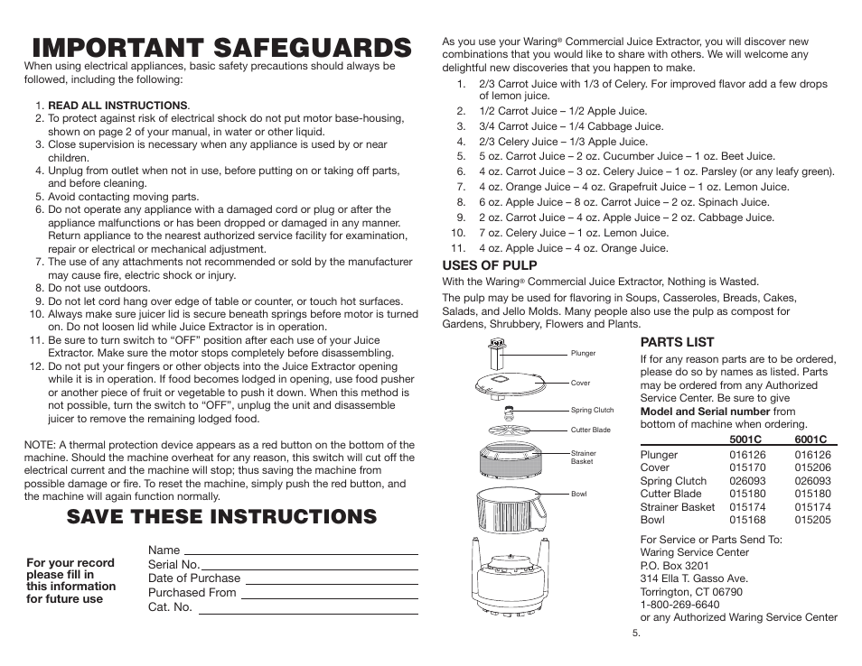 Important safeguards, Save these instructions | Waring 6001C User Manual | Page 2 / 4