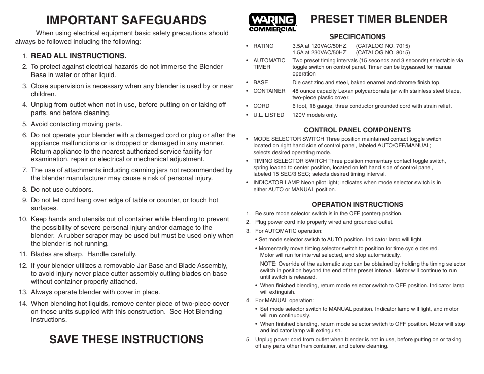 Important safeguards, Save these instructions preset timer blender | Waring 7015N User Manual | Page 2 / 2