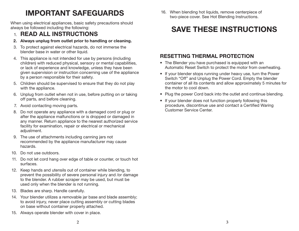 Save these instructions, Important safeguards, Read all instructions | Waring BB180S User Manual | Page 2 / 11