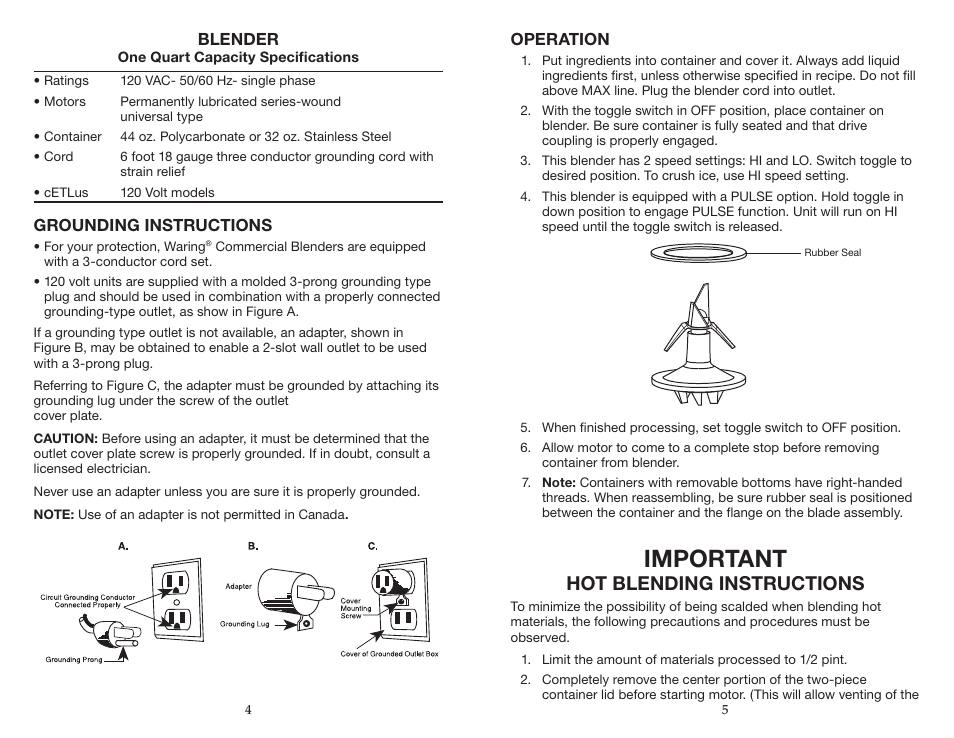 Important, Hot blending instructions | Waring BB180S User Manual | Page 3 / 11
