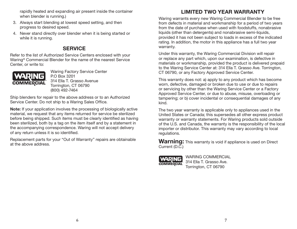 Warning | Waring BB180S User Manual | Page 4 / 11