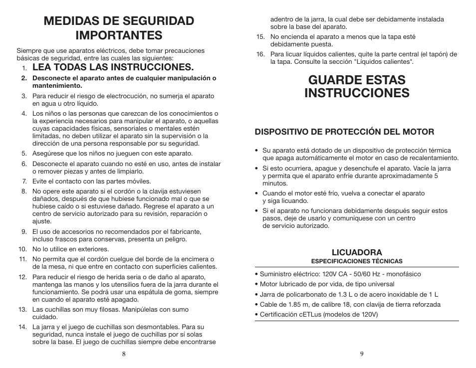 Guarde estas instrucciones, Medidas de seguridad importantes, Lea todas las instrucciones | Waring BB180S User Manual | Page 5 / 11