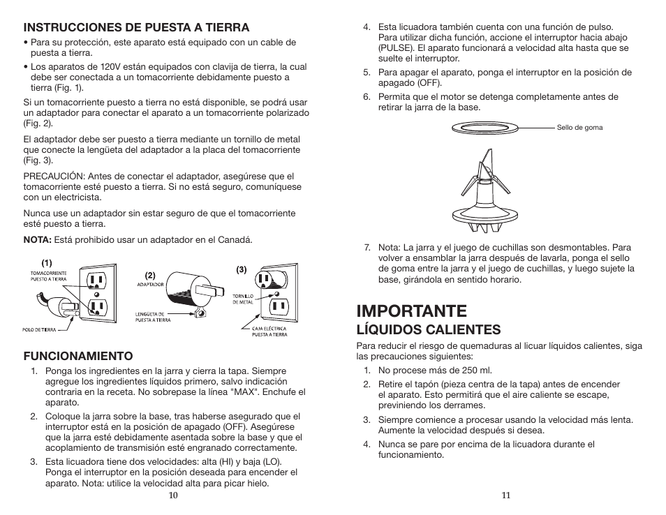 Importante, Líquidos calientes | Waring BB180S User Manual | Page 6 / 11
