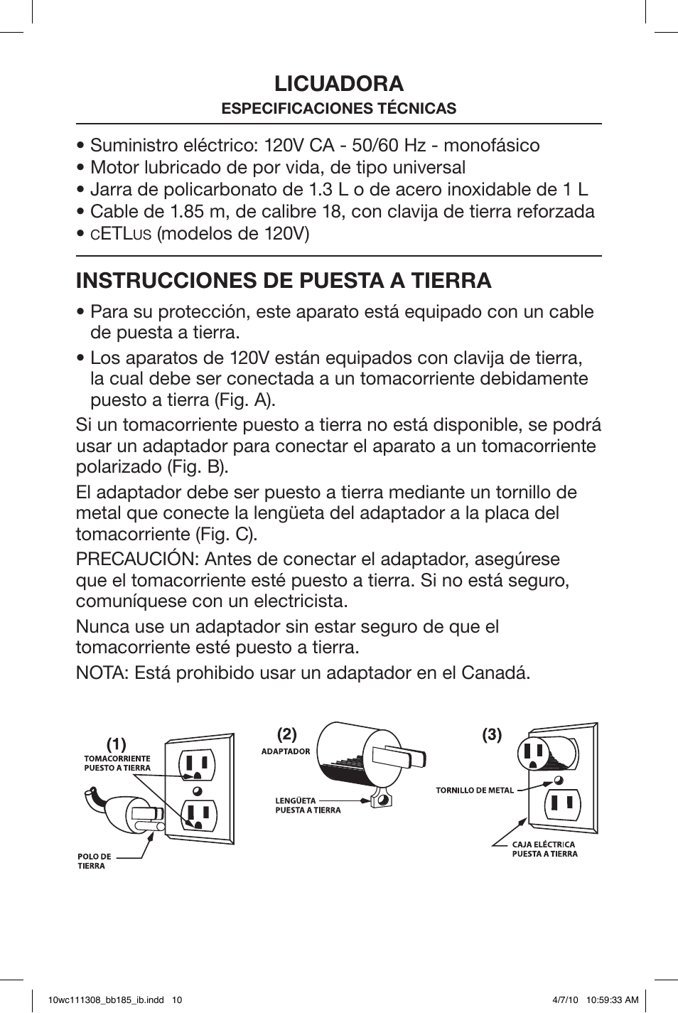 Licuadora, Instrucciones de puesta a tierra | Waring BB185 User Manual | Page 10 / 20
