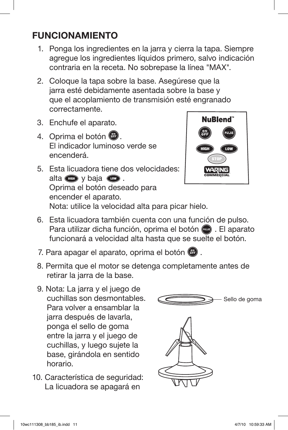 Funcionamiento | Waring BB185 User Manual | Page 11 / 20