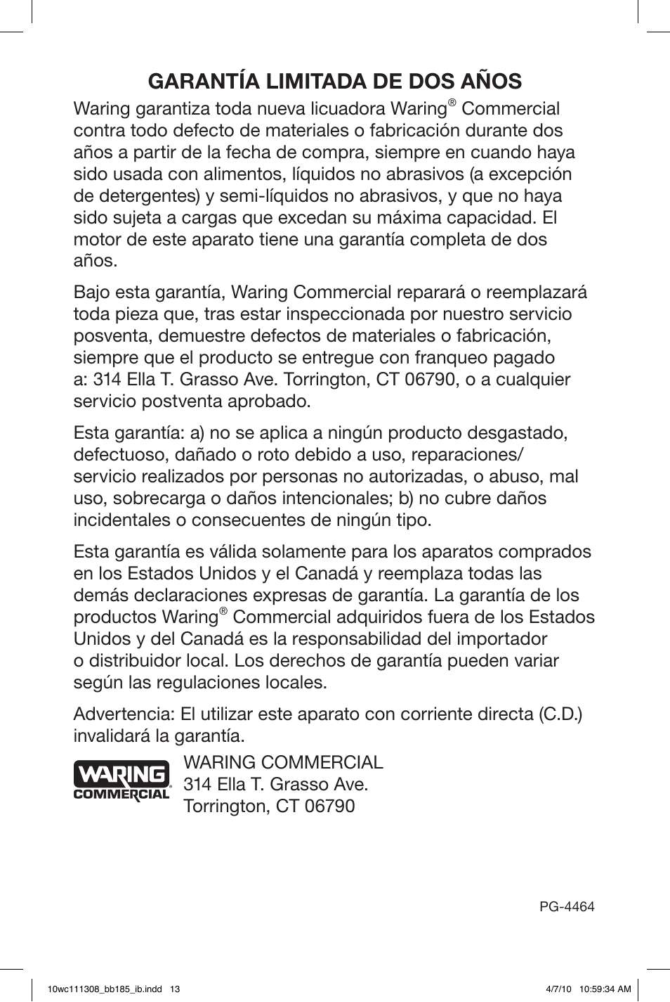 Garantía limitada de dos años | Waring BB185 User Manual | Page 13 / 20