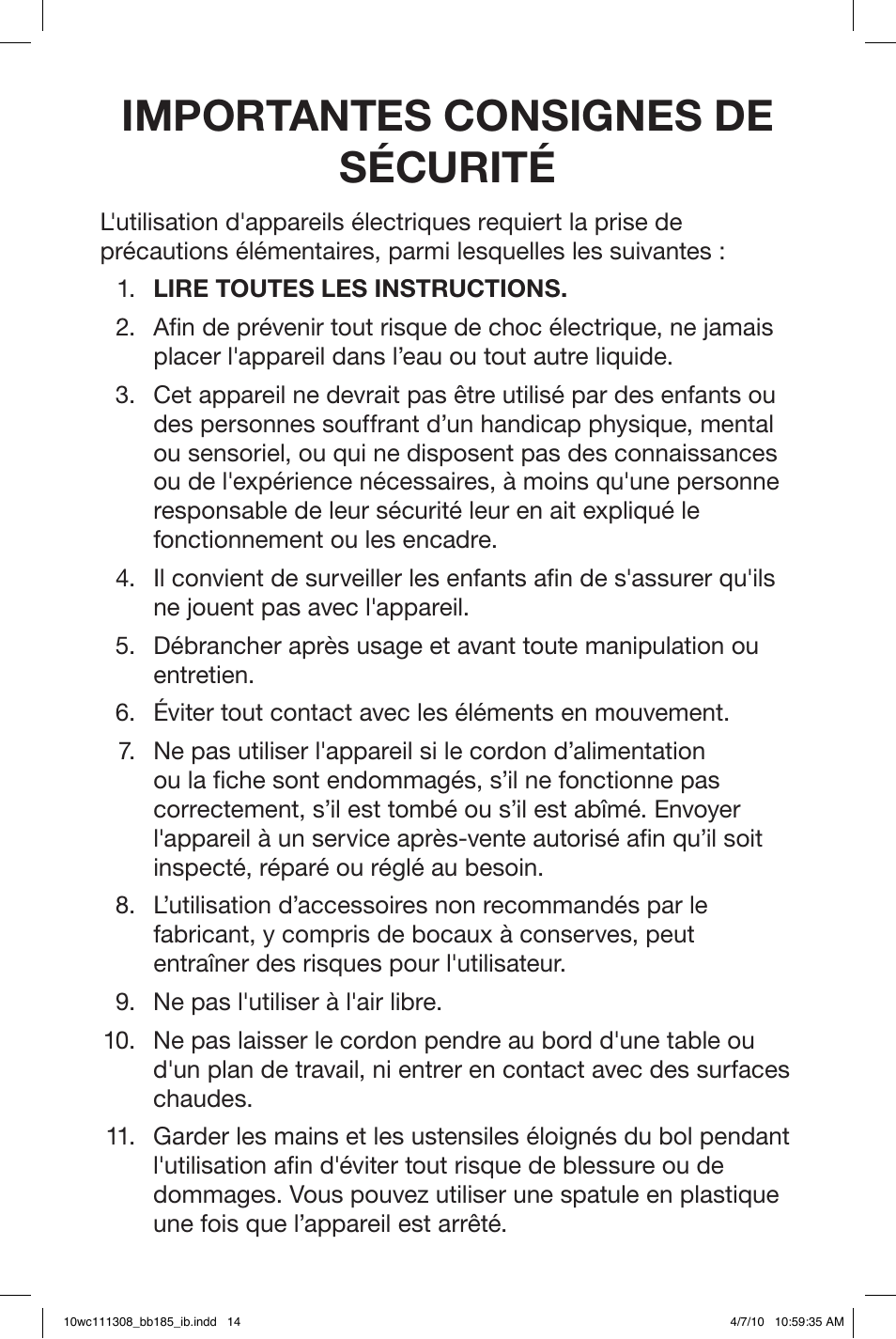 Importantes consignes de sécurité | Waring BB185 User Manual | Page 14 / 20